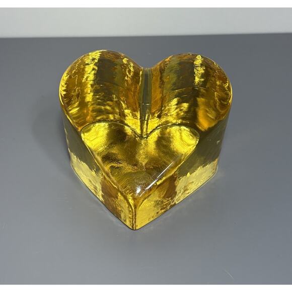 FIRE and LIGHT Signed Recycled Glass CITRUS YELLOW Heart Paperweight